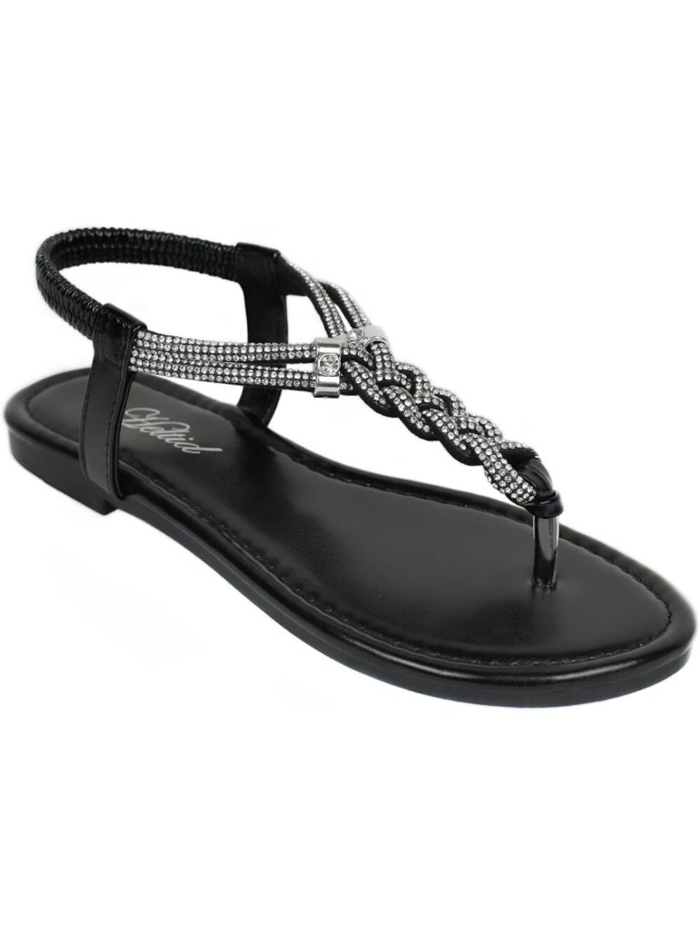 Women's Black Faux Leather Sparkly Rhinestone Thong Boho Bling Flats Sandals